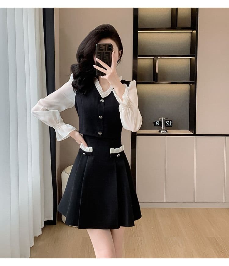 작은 키 여성 드레스 가을 새로운 V넥 레트로 허리 수축 슬림해 보이는 품격 페이크 레이어드 고급 센스 작은 검은 드레스 상세 이미지 6
