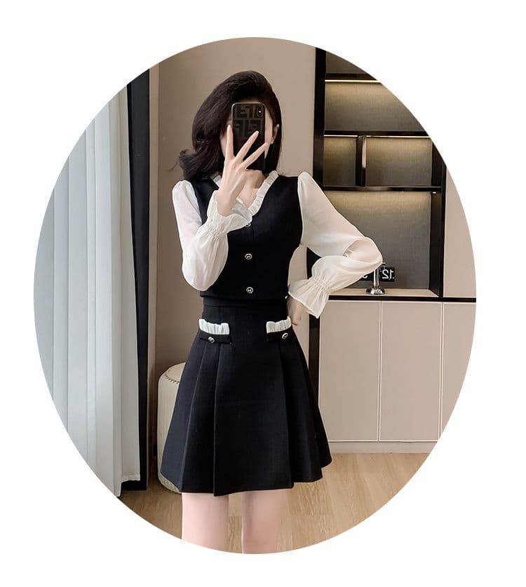 작은 키 여성 드레스 가을 새로운 V넥 레트로 허리 수축 슬림해 보이는 품격 페이크 레이어드 고급 센스 작은 검은 드레스 상세 이미지 7