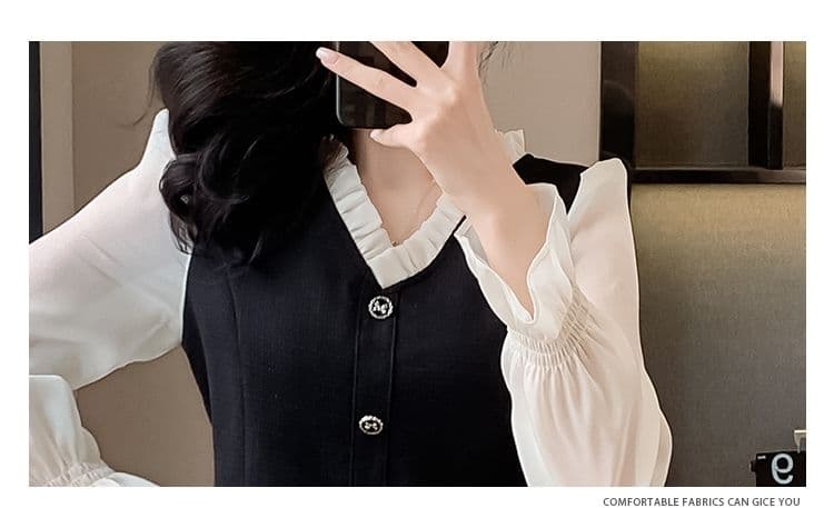 작은 키 여성 드레스 가을 새로운 V넥 레트로 허리 수축 슬림해 보이는 품격 페이크 레이어드 고급 센스 작은 검은 드레스 상세 이미지 10
