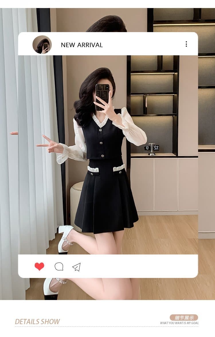 작은 키 여성 드레스 가을 새로운 V넥 레트로 허리 수축 슬림해 보이는 품격 페이크 레이어드 고급 센스 작은 검은 드레스 상세 이미지 11