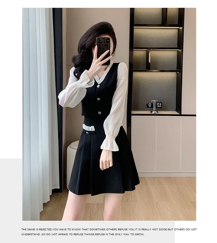 작은 키 여성 드레스 가을 새로운 V넥 레트로 허리 수축 슬림해 보이는 품격 페이크 레이어드 고급 센스 작은 검은 드레스 상세 이미지 16