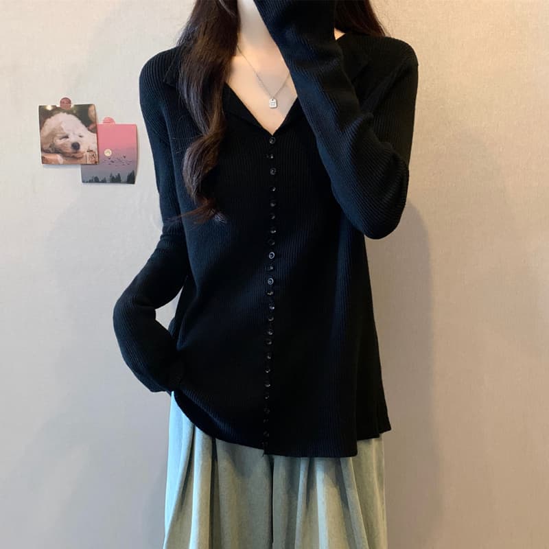 실사 통통한 여동생 가을 의상 빅 사이즈 여성 의류 새로운 싱글 줄 버튼 디자인 센스 풀오버 니트 스웨터 슬림해 보이는 루즈핏 맨위 이미지 4