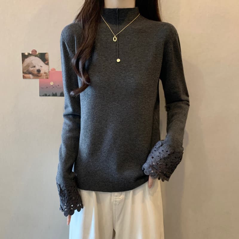실사 지방 mm 봄 드레스 빅 사이즈 여성 의류 새로운 디자인 센스 슬림해 보이는 스웨터 반하이넥 기본 셔츠 니트 맨위 이미지 5
