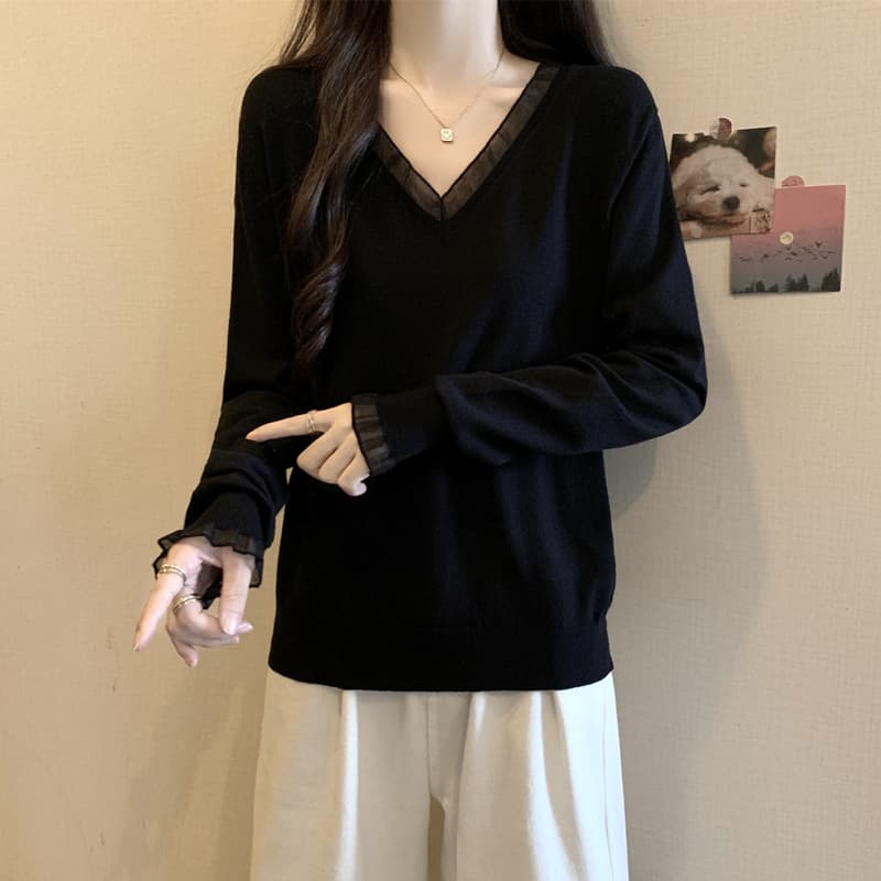 실사 통통한 여동생 가을 의상 빅 사이즈 여성 의류 새로운 유럽 오간자 검정색 긴팔 루즈핏 슬림해 보이는 니트 스웨터 맨위 상세 이미지 6