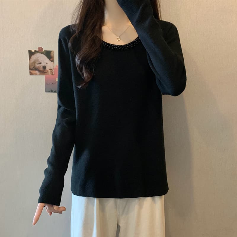 실사 통통한 여동생 봄 드레스 빅 사이즈 여성 의류 새로운 주문 구슬 단색 스웨터 슬림해 보이는 니트 스웨터 라운드 넥 루즈핏 맨위 이미지 3