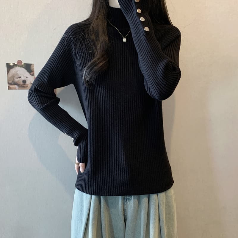 실사 지방 mm 봄 드레스 빅 사이즈 여성 의류 새로운 스웨터 반하이넥 구덩이 기사 니트 스웨터 슬림해 보이는 검정색 긴팔 맨위 이미지 6