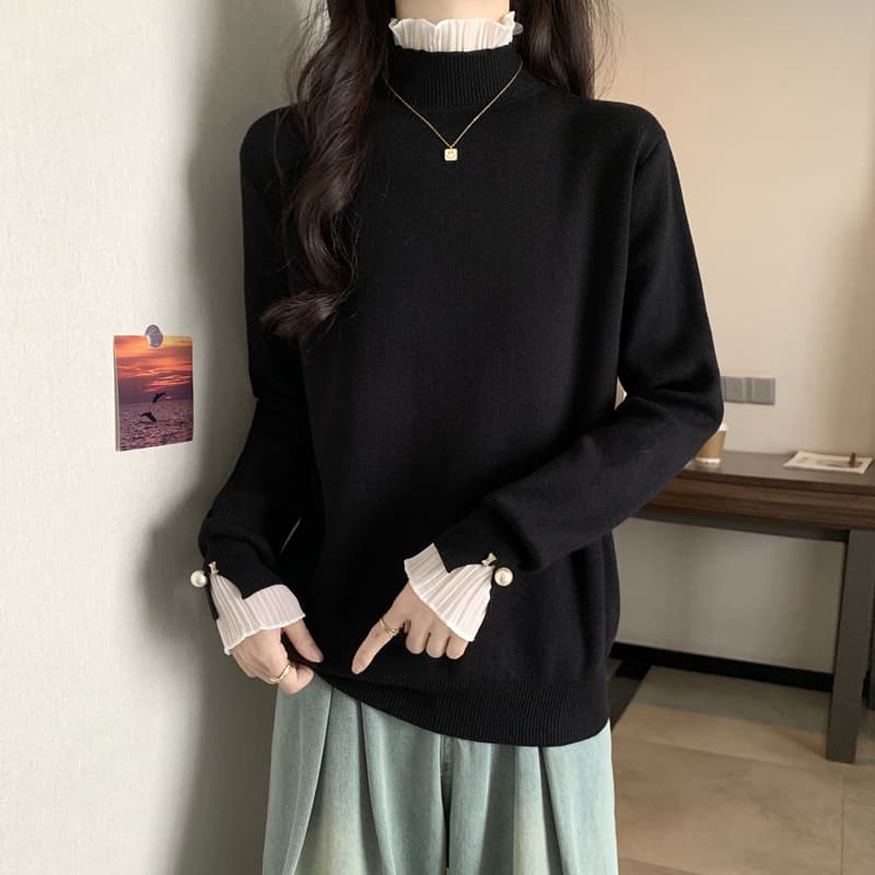 실사 통통한 여동생 봄 드레스 빅 사이즈 여성 의류 스웨터 쉬폰 패치워크 디자인 센스 니트 스웨터 슬림해 보이는 루즈핏 맨위 상세 이미지 12