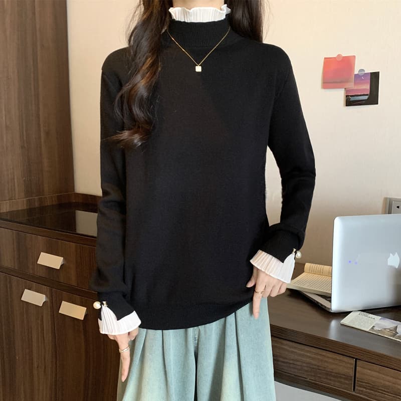 실사 통통한 여동생 봄 드레스 빅 사이즈 여성 의류 스웨터 쉬폰 패치워크 디자인 센스 니트 스웨터 슬림해 보이는 루즈핏 맨위 상세 이미지 13