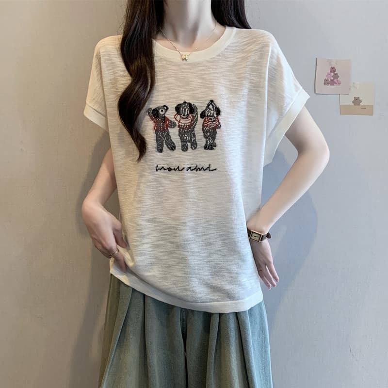 실사 통통한 여동생 빅 사이즈 여성 의류 여름 드레스 대나무 마디 마 차가운 센스 프로 피부 반팔 티셔츠 슬림해 보이는 루즈핏 얇은 스타일 맨위 상세 이미지 5