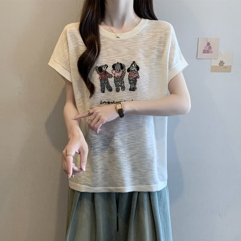 실사 통통한 여동생 빅 사이즈 여성 의류 여름 드레스 대나무 마디 마 차가운 센스 프로 피부 반팔 티셔츠 슬림해 보이는 루즈핏 얇은 스타일 맨위 상세 이미지 6
