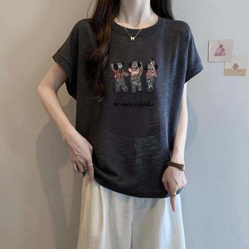 실사 통통한 여동생 빅 사이즈 여성 의류 여름 드레스 대나무 마디 마 차가운 센스 프로 피부 반팔 티셔츠 슬림해 보이는 루즈핏 얇은 스타일 맨위 상세 이미지 18