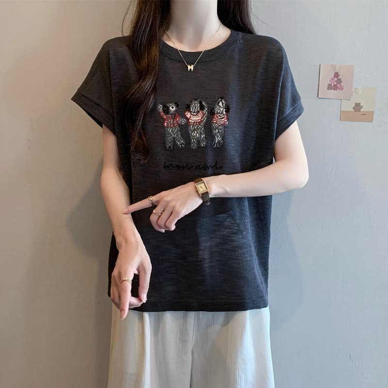 실사 통통한 여동생 빅 사이즈 여성 의류 여름 드레스 대나무 마디 마 차가운 센스 프로 피부 반팔 티셔츠 슬림해 보이는 루즈핏 얇은 스타일 맨위 상세 이미지 21