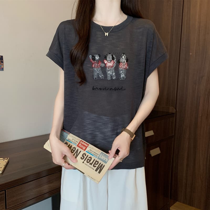 실사 통통한 여동생 빅 사이즈 여성 의류 여름 드레스 대나무 마디 마 차가운 센스 프로 피부 반팔 티셔츠 슬림해 보이는 루즈핏 얇은 스타일 맨위 상세 이미지 23