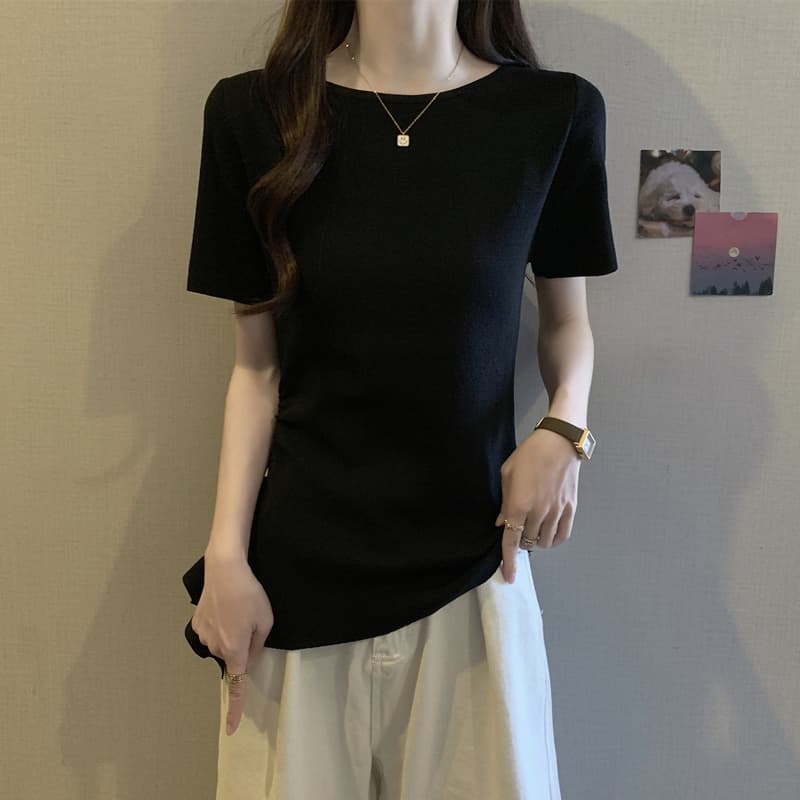 실사 지방 mm 빅 사이즈 여성 의류 여름 드레스 불규칙 반팔 티셔츠 슬림해 보이는 디자인 센스 라운드 넥 단색 슬림해 보이는 맨위 이미지 4