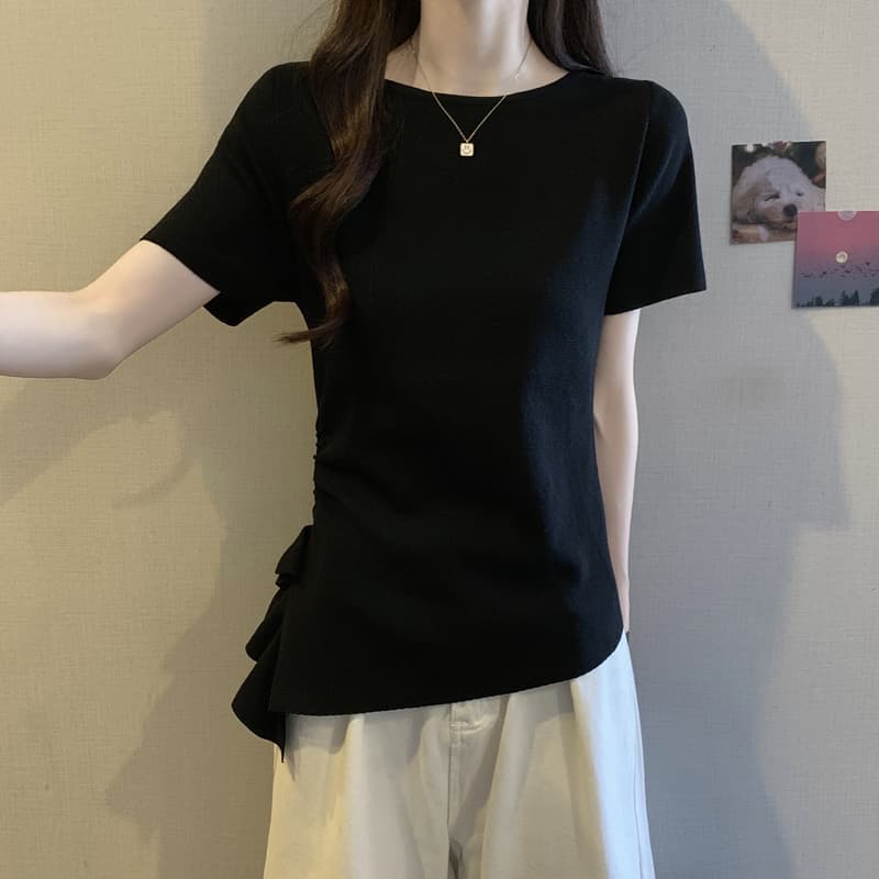 실사 지방 mm 빅 사이즈 여성 의류 여름 드레스 불규칙 반팔 티셔츠 슬림해 보이는 디자인 센스 라운드 넥 단색 슬림해 보이는 맨위 이미지 6