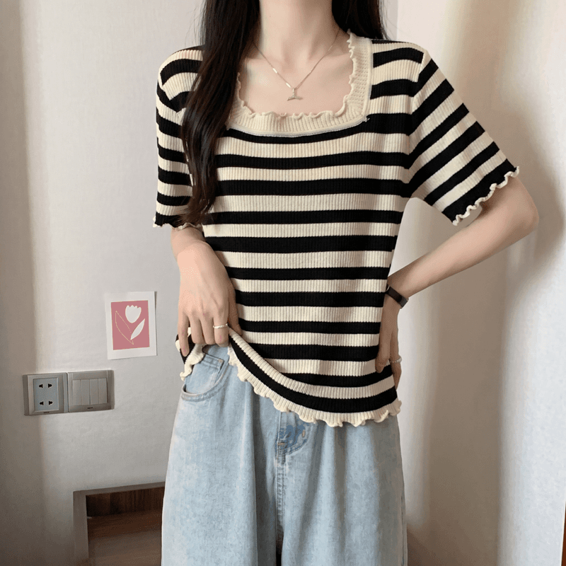 실사 통통한 여동생 여름 드레스 빅 사이즈 여성 의류 광장 칼라 스트라이프 슬림해 보이는 표지 배 반팔 티셔츠 루즈핏 한국 스타일 맨위 상세 이미지 11