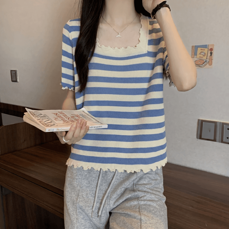 실사 통통한 여동생 여름 드레스 빅 사이즈 여성 의류 광장 칼라 스트라이프 슬림해 보이는 표지 배 반팔 티셔츠 루즈핏 한국 스타일 맨위 상세 이미지 15