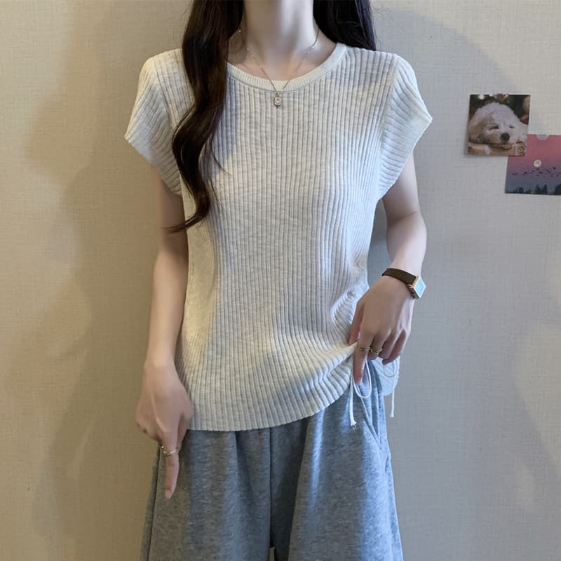 실사 지방 mm 여름 드레스 빅 사이즈 여성 의류 펌프 로프 디자인 센스 라운드 넥 반팔 티셔츠 슬림해 보이는 긍정적 인 어깨 얼음 실크 맨위 이미지 4