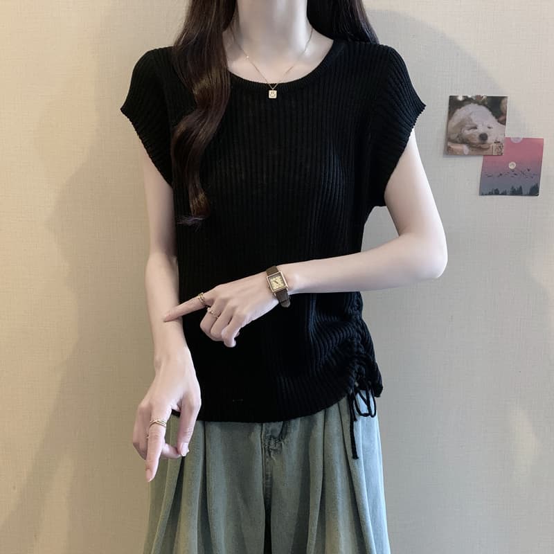실사 빅 사이즈 여성 의류 여름 드레스 새로운 통통한 여동생 반팔 티셔츠 펌프 로프 디자인 센스 루즈핏 라운드 넥 연령 감소 맨위 상세 이미지 6
