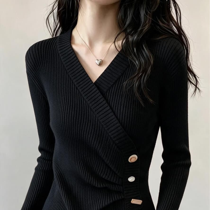 실사 빅 사이즈 여성 의류 가을 의상 2026 년 새로운 긴팔 만나는 니트 스웨터 통통한 여동생 슬림해 보이는 비스듬한 트임 맨위 이미지 5