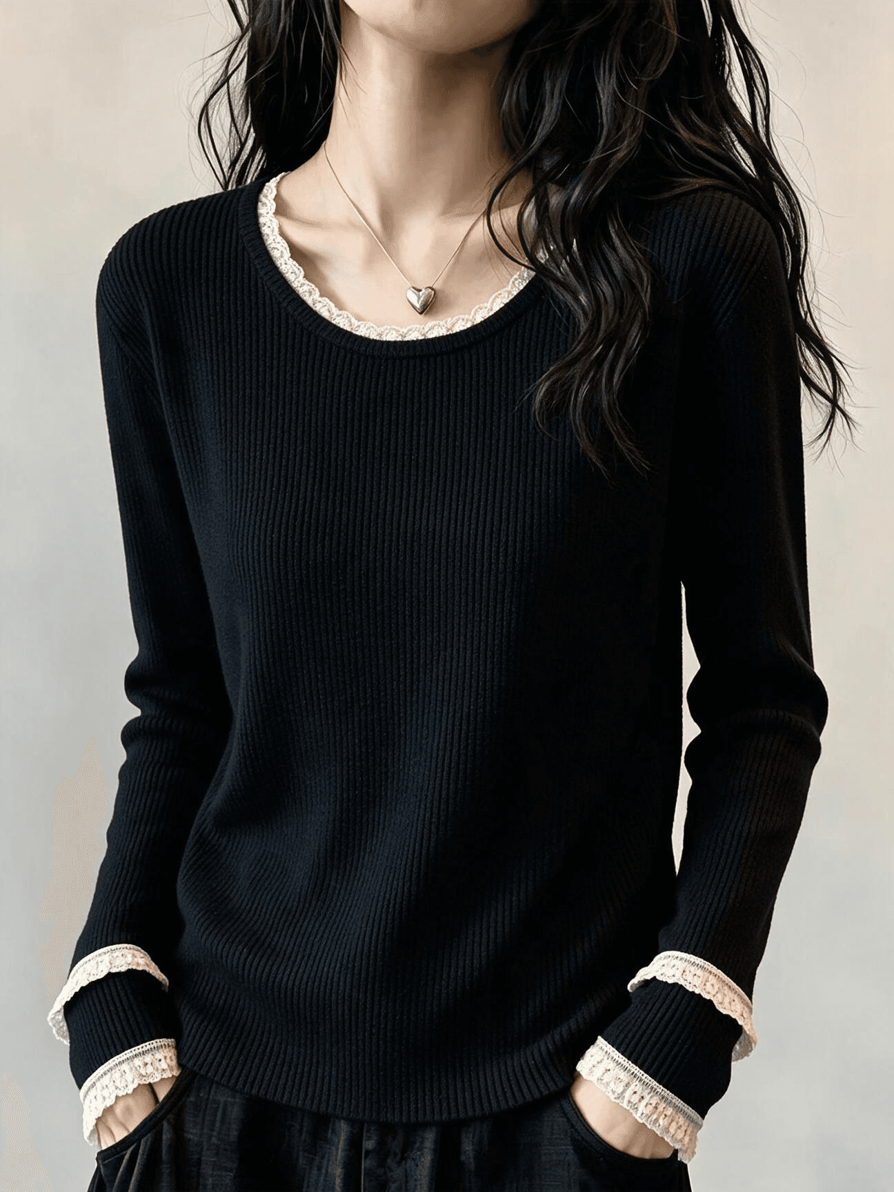 실사 통통한 여동생 가을 의상 새로운 빅 사이즈 여성 의류 레이스 디자인 센스 캐주얼 검정색 긴팔 니트 스웨터 맨위 상세 이미지 4