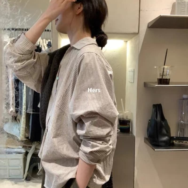 한 부서 미니멀리즘 대기 레트로 루즈핏 스트라이프 프로필 모양 V넥 여성 셔츠 가을 새로운 고급 센스 품격 맨위 상세 이미지 4