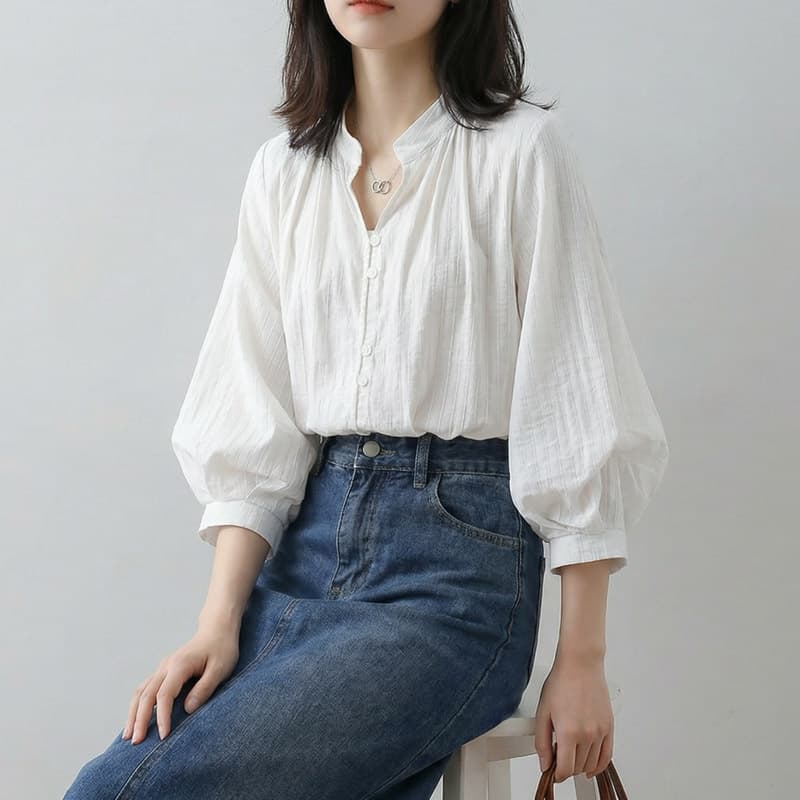 프랑스식 V넥 화이트 반팔 여성 셔츠 여름 디자인 센스 작은 대중 작은 키 벌룬 소매 5 점 소매 맨위 상세 이미지 3