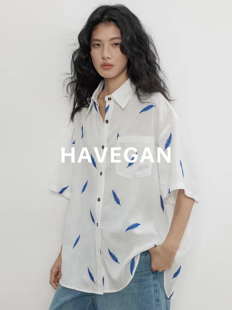 와 객실 havegan 여름 자수 디자인 센스 주간 실크 라미 반팔 여성 셔츠 휴가 고급 작은 대중 맨위