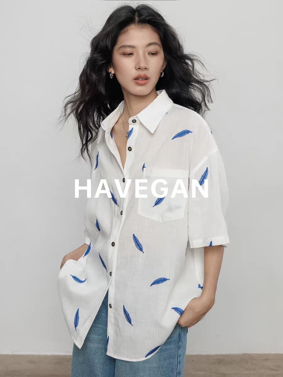 와 객실 havegan 여름 자수 디자인 센스 주간 실크 라미 반팔 여성 셔츠 휴가 고급 작은 대중 맨위 이미지 4