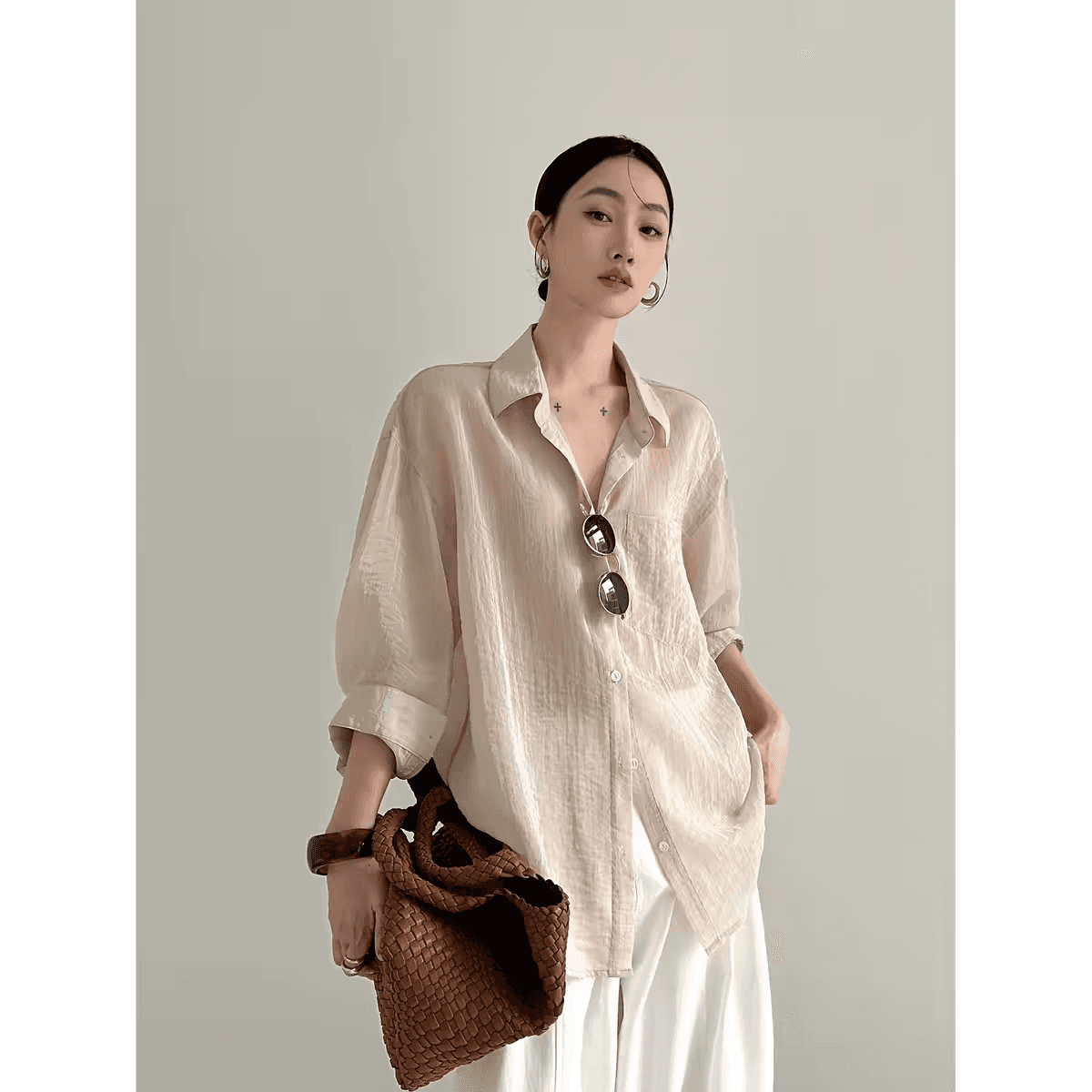 요정 가스 광택 아세트산 셔츠 여름 얇은 스타일 재킷 긴팔 자외선 차단 셔츠 맨위 여성 상세 이미지 8