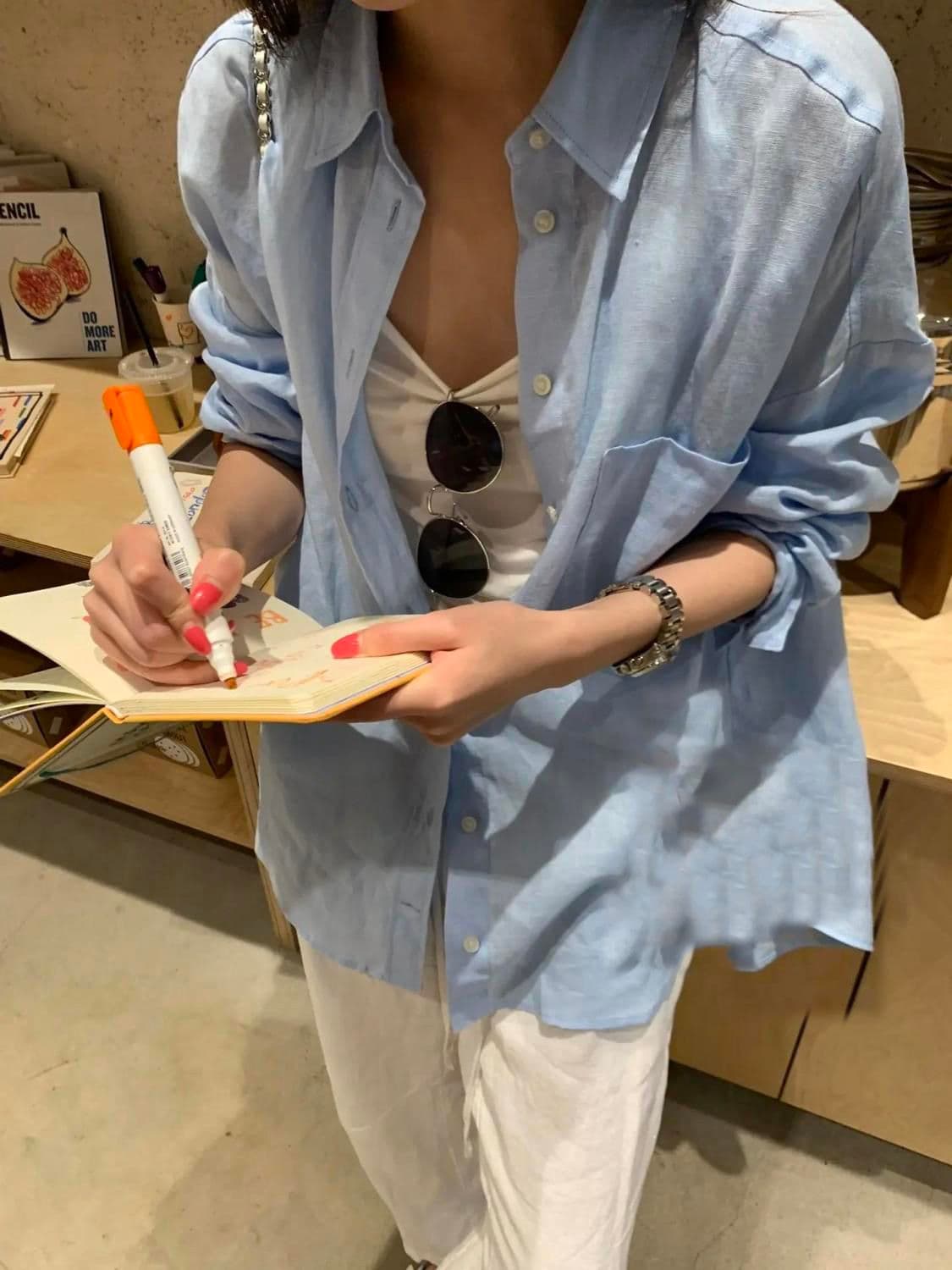 오래된 돈 바람 미니멀리즘 아마 품격 polo 하늘색 셔츠 oversize 자외선 차단 재킷 이미지 3