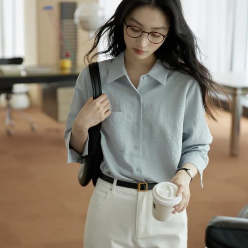 출퇴근 질감 센스 쉬운 알아서해라. 폴로 칼라 긍정적 인 어깨 여성 셔츠 가을 루즈핏 스택 착용 긴팔 셔츠 맨위