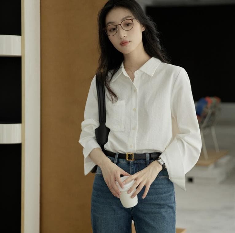 출퇴근 질감 센스 쉬운 알아서해라. 폴로 칼라 긍정적 인 어깨 여성 셔츠 가을 루즈핏 스택 착용 긴팔 셔츠 맨위 상세 이미지 4