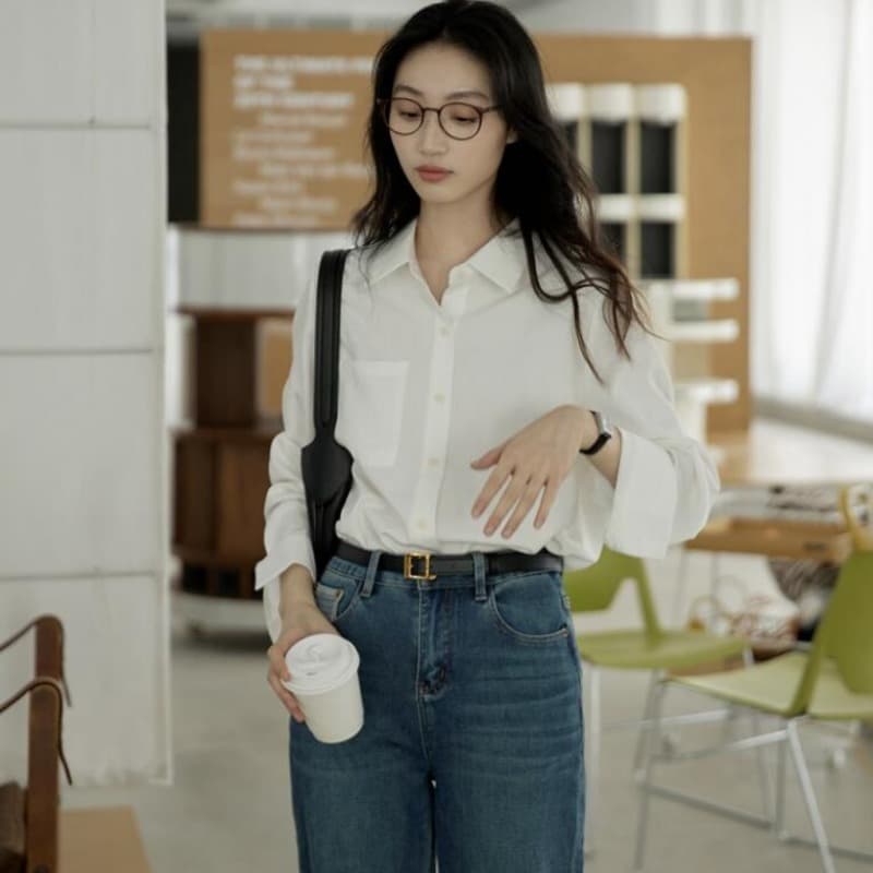 출퇴근 질감 센스 쉬운 알아서해라. 폴로 칼라 긍정적 인 어깨 여성 셔츠 가을 루즈핏 스택 착용 긴팔 셔츠 맨위 상세 이미지 6
