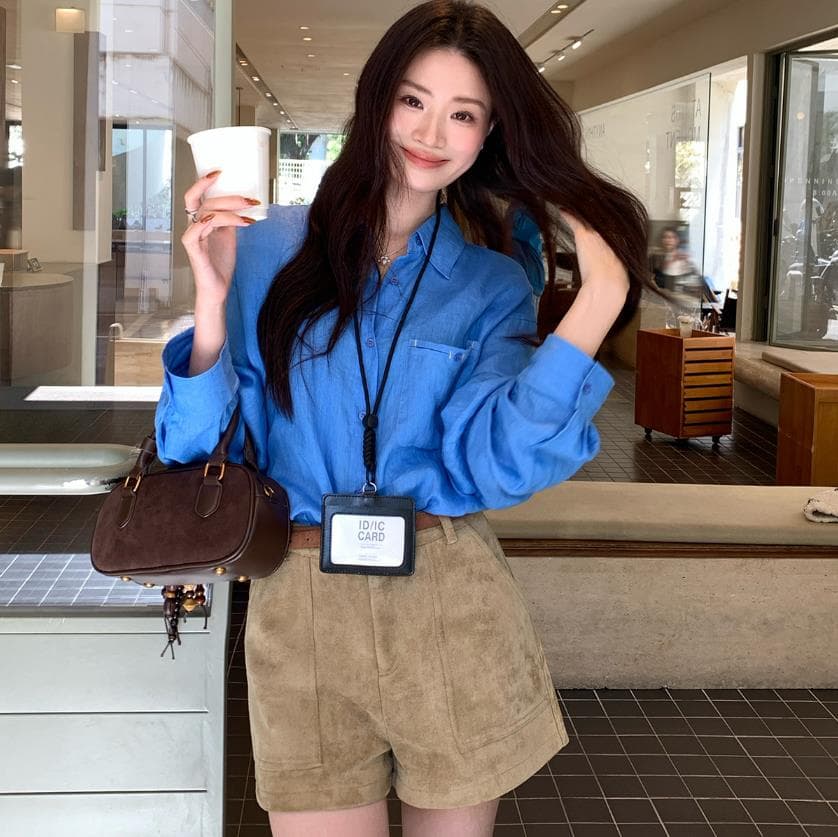 파란색 디스플레이 화이트 출퇴근 긴팔 여성 셔츠 가을 루즈핏 슬림해 보이는 한국 스타일 캐주얼 셔츠 맨위 상세 이미지 1