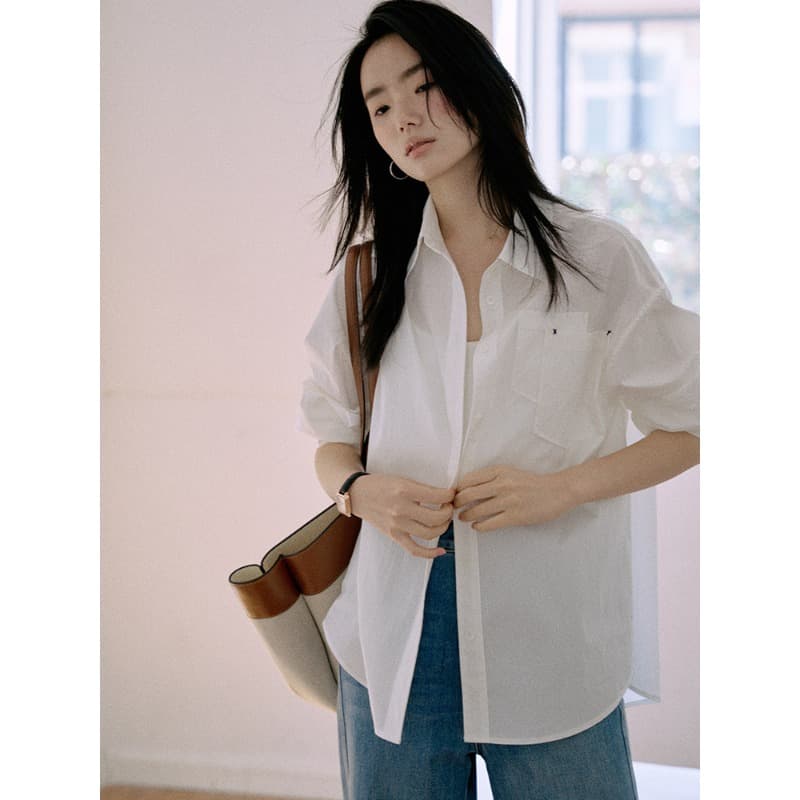 무료 뜨거운 스택 가방 다용도 화이트 여성 셔츠 봄 가을 디자인 센스 루즈핏 출퇴근 긴팔 맨위 상세 이미지 2