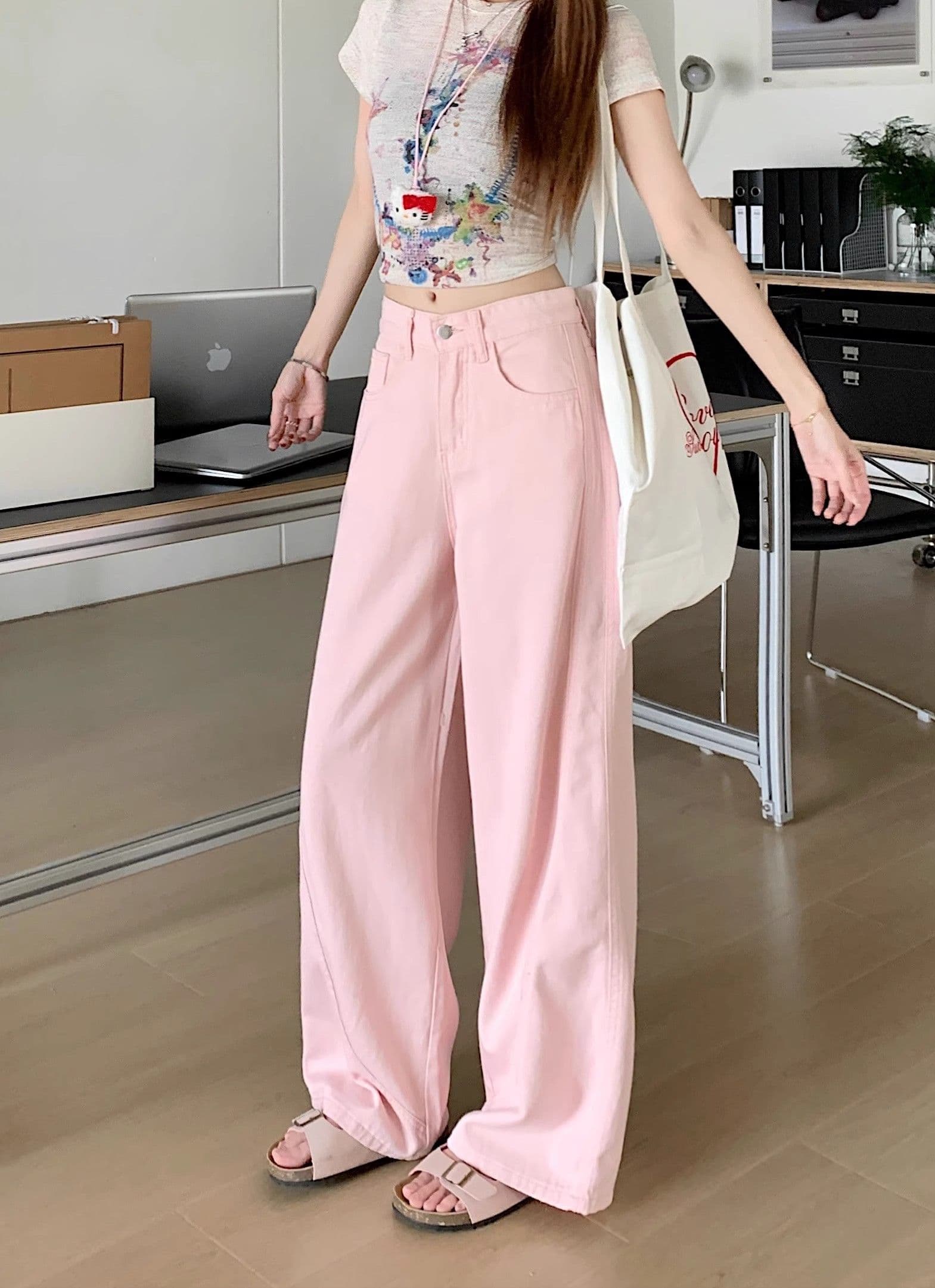 달콤함 학원 스타일 연령 감소 핑크색 모통이 칼 넓은 다리 청바지 여성 여름 루즈핏 슬림해 보이는 다용도 스트레이트 팬츠 긴 바지 상세 이미지 6