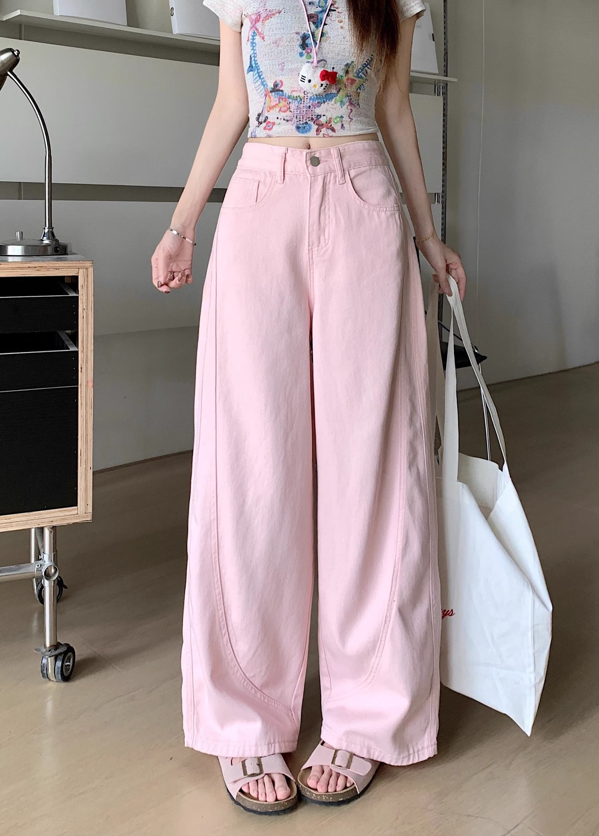 달콤함 학원 스타일 연령 감소 핑크색 모통이 칼 넓은 다리 청바지 여성 여름 루즈핏 슬림해 보이는 다용도 스트레이트 팬츠 긴 바지 상세 이미지 8