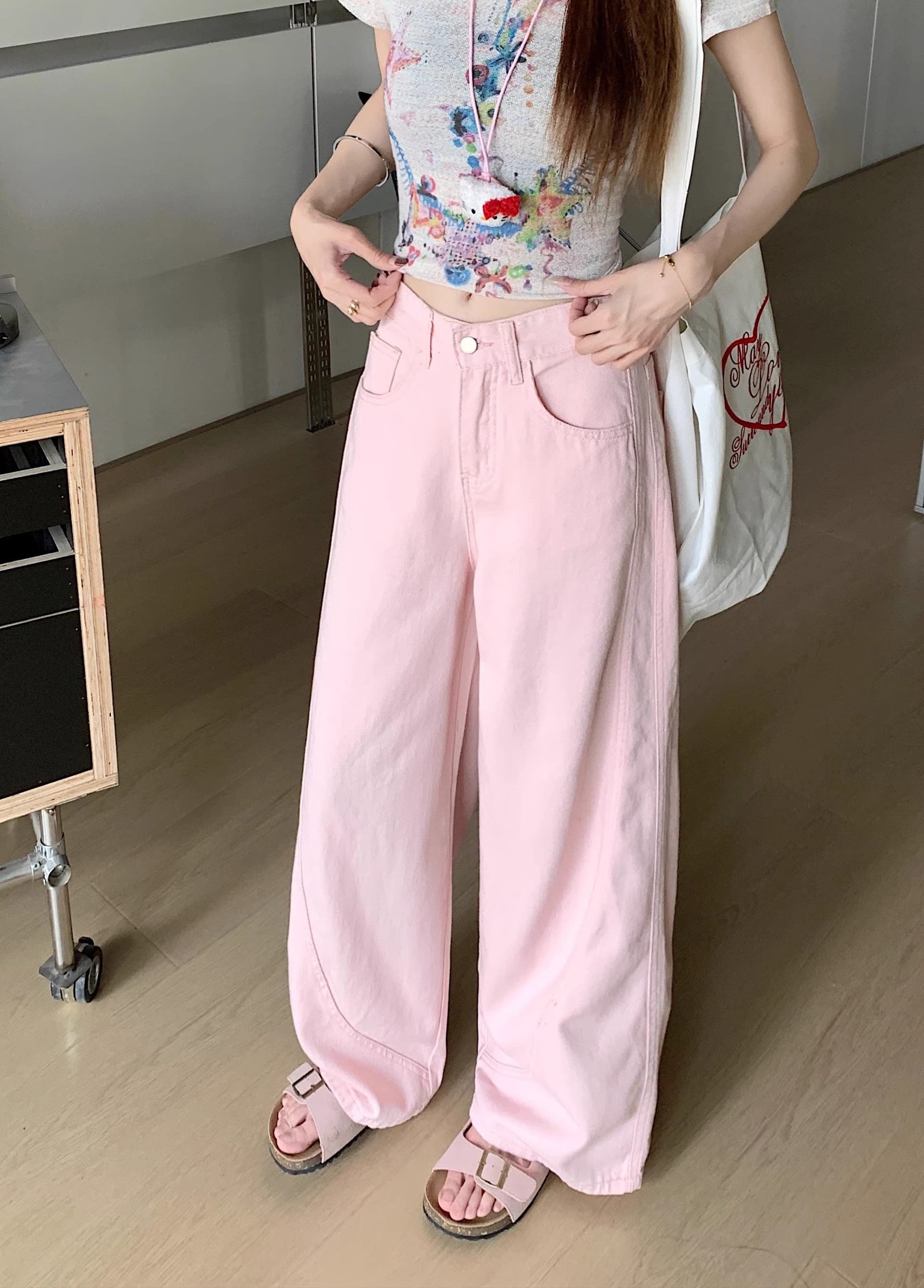 달콤함 학원 스타일 연령 감소 핑크색 모통이 칼 넓은 다리 청바지 여성 여름 루즈핏 슬림해 보이는 다용도 스트레이트 팬츠 긴 바지 상세 이미지 10