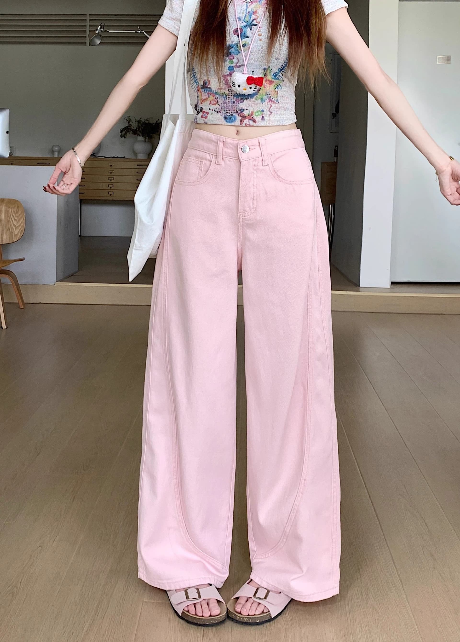 달콤함 학원 스타일 연령 감소 핑크색 모통이 칼 넓은 다리 청바지 여성 여름 루즈핏 슬림해 보이는 다용도 스트레이트 팬츠 긴 바지 상세 이미지 11