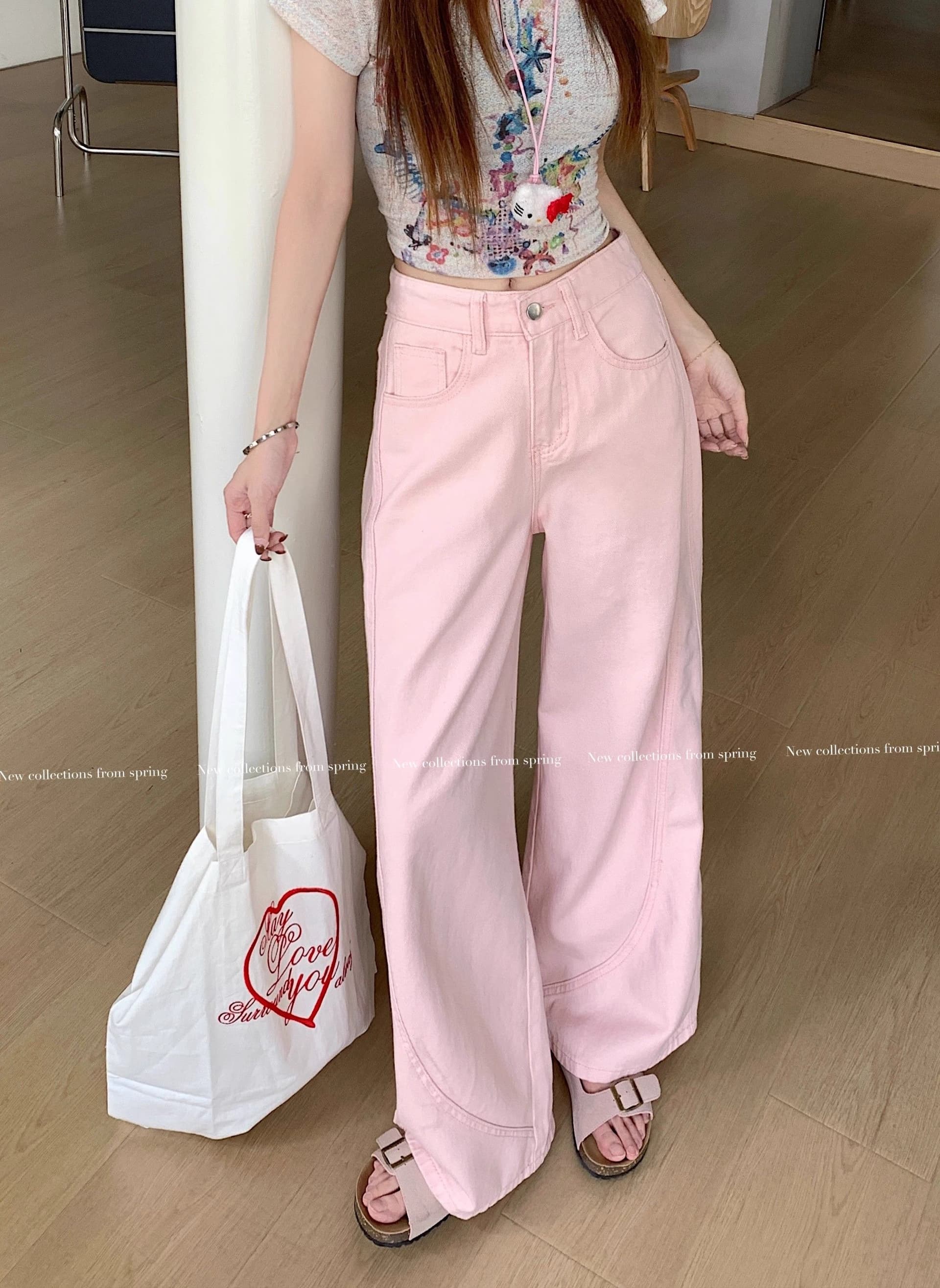 달콤함 학원 스타일 연령 감소 핑크색 모통이 칼 넓은 다리 청바지 여성 여름 루즈핏 슬림해 보이는 다용도 스트레이트 팬츠 긴 바지 상세 이미지 16