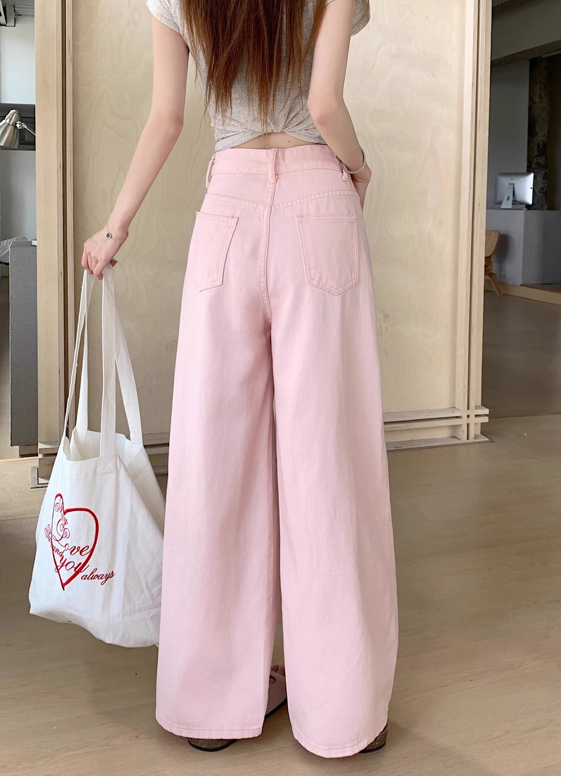 달콤함 학원 스타일 연령 감소 핑크색 모통이 칼 넓은 다리 청바지 여성 여름 루즈핏 슬림해 보이는 다용도 스트레이트 팬츠 긴 바지 상세 이미지 19