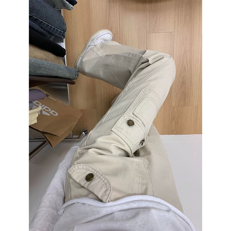 작은 키 아메리칸 디자인 센스 주머니 워크웨어 부츠컷 청바지 여성 하이웨이스트 루즈핏 바닥 청소 바지 이미지 2