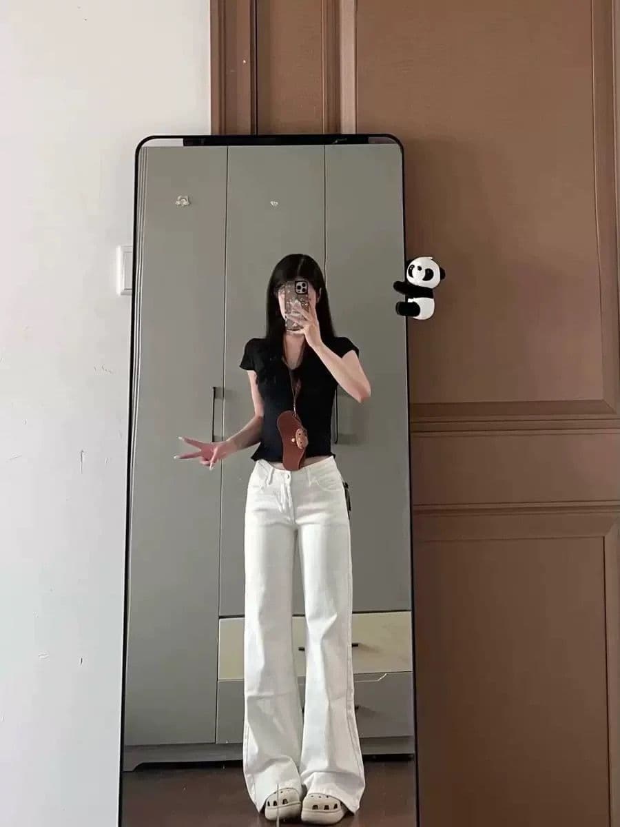 한 부서 미니멀리즘 루즈핏 아니요 막대기 다리 화이트 다용도 부츠컷 청바지 여성 가을 로우 웨이스트 도루 센스 호스 슈 롱 바지 이미지 4