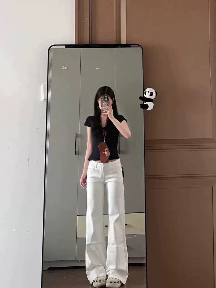 한 부서 미니멀리즘 루즈핏 아니요 막대기 다리 화이트 다용도 부츠컷 청바지 여성 가을 로우 웨이스트 도루 센스 호스 슈 롱 바지 상세 이미지 8
