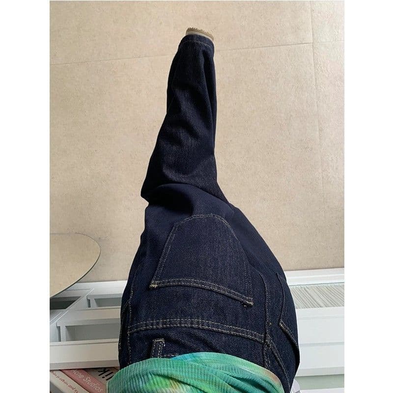 키 큰 남자 레트로 워싱 진한 파란색 넓은 다리 청바지 여성 하이웨이스트 루즈핏 슬림해 보이는 스트레이트 도루 센스 바닥 청소 긴 바지 이미지 3