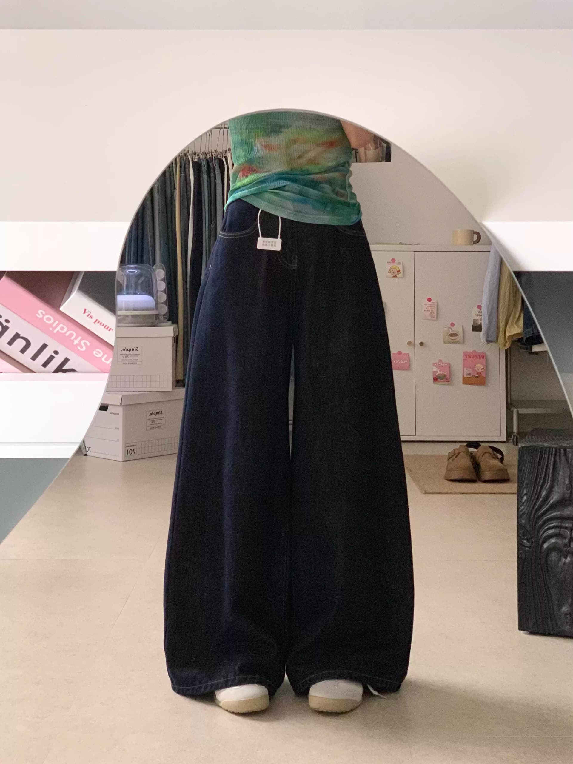 키 큰 남자 레트로 워싱 진한 파란색 넓은 다리 청바지 여성 하이웨이스트 루즈핏 슬림해 보이는 스트레이트 도루 센스 바닥 청소 긴 바지 상세 이미지 4