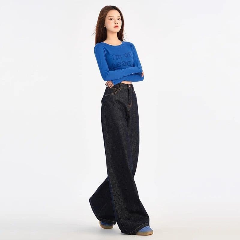 아메리칸 진한 파란색 2025 레트로 넓은 다리 청바지 하이웨이스트 새로운 슬림해 보이는 루즈핏 도루 센스 vibe 바닥 청소 바지 이미지 6