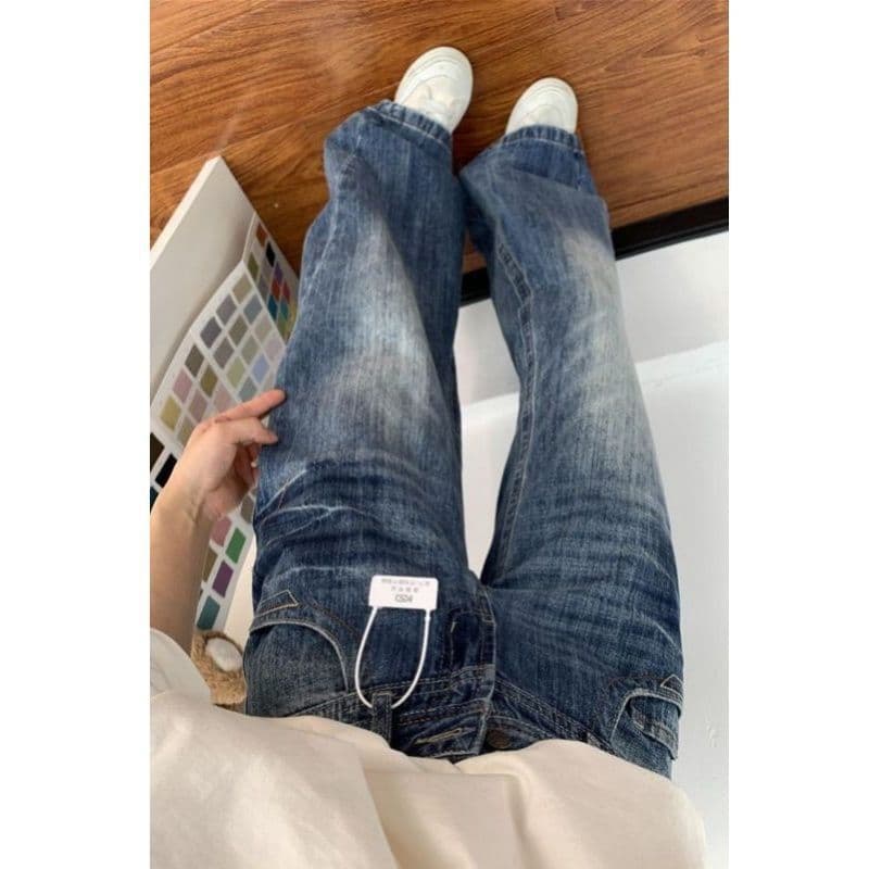 아메리칸 레트로 워싱 균열 부츠컷 청바지 여성 봄 워싱 로우 웨이스트 루즈핏 슬림해 보이는 스트레이트 바닥 청소 긴 바지
