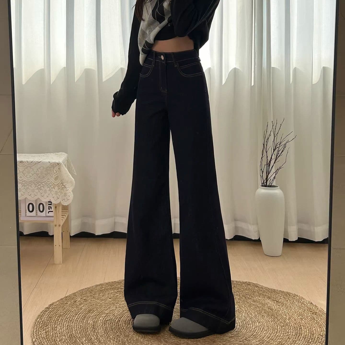 아메리칸 워싱 루즈핏 아니요 막대기 다리 진한 파란색 부츠컷 청바지 여성 봄 슬림해 보이는 하이웨이스트 스트레이트 나팔 바지 이미지 3